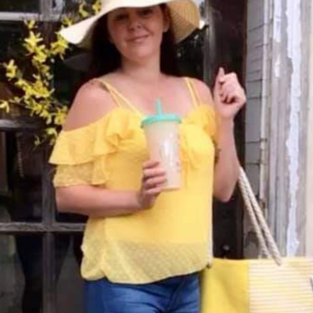 Cold shoulder Swiss dot yellow top